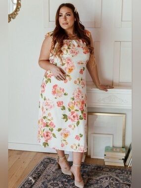Sugarlips Curve Magdalena Floral Ruffle Trim Milo Midi Dress in Pink & White